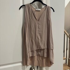 Lola & Sophie tan tiered sleeveless top. Front side is silky, back is ribbed